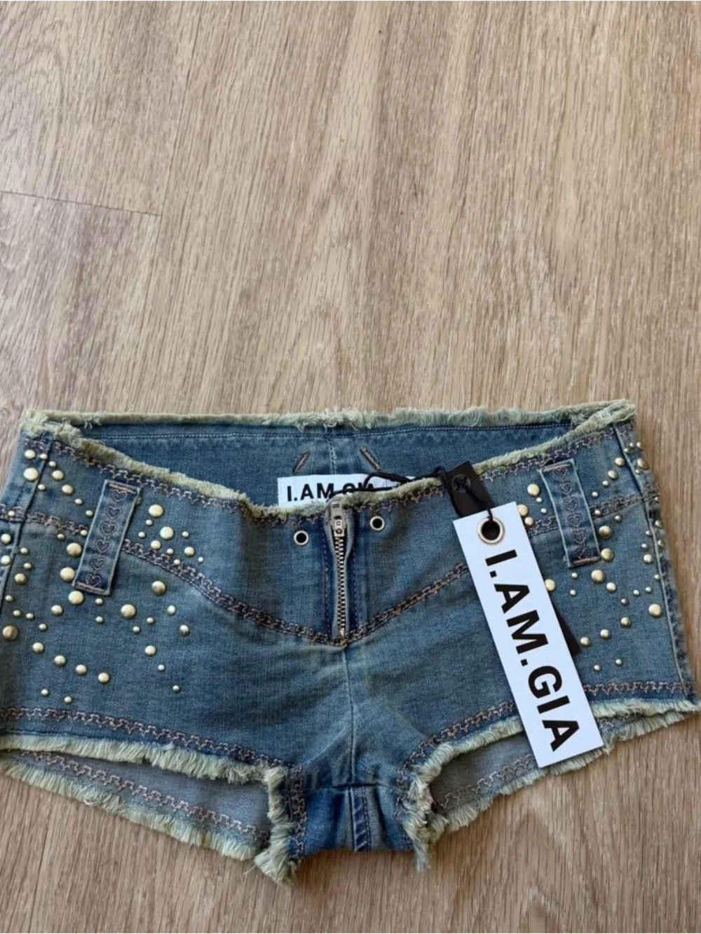 I.AM.GIA VEXA micro blue denim shorts with studs and frayed hem size XS NEW